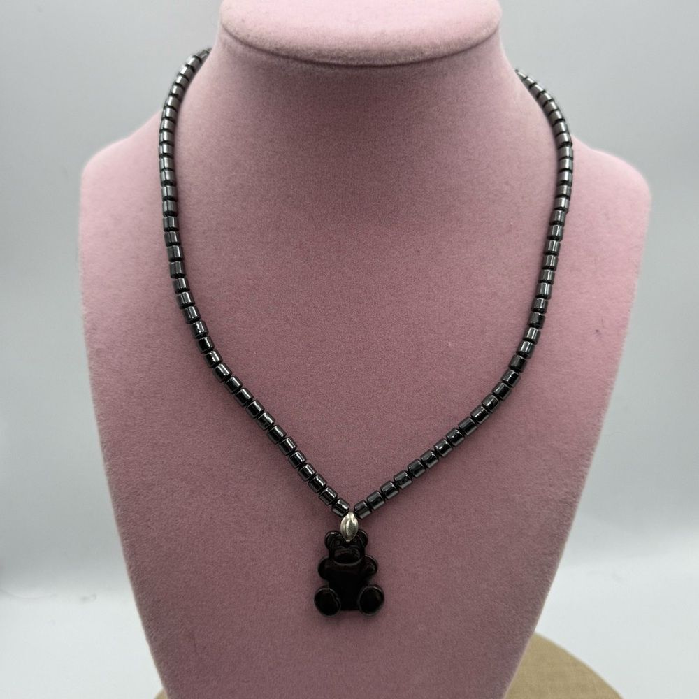 Black Hematite Bead teddy bear Necklace with Bear Charm